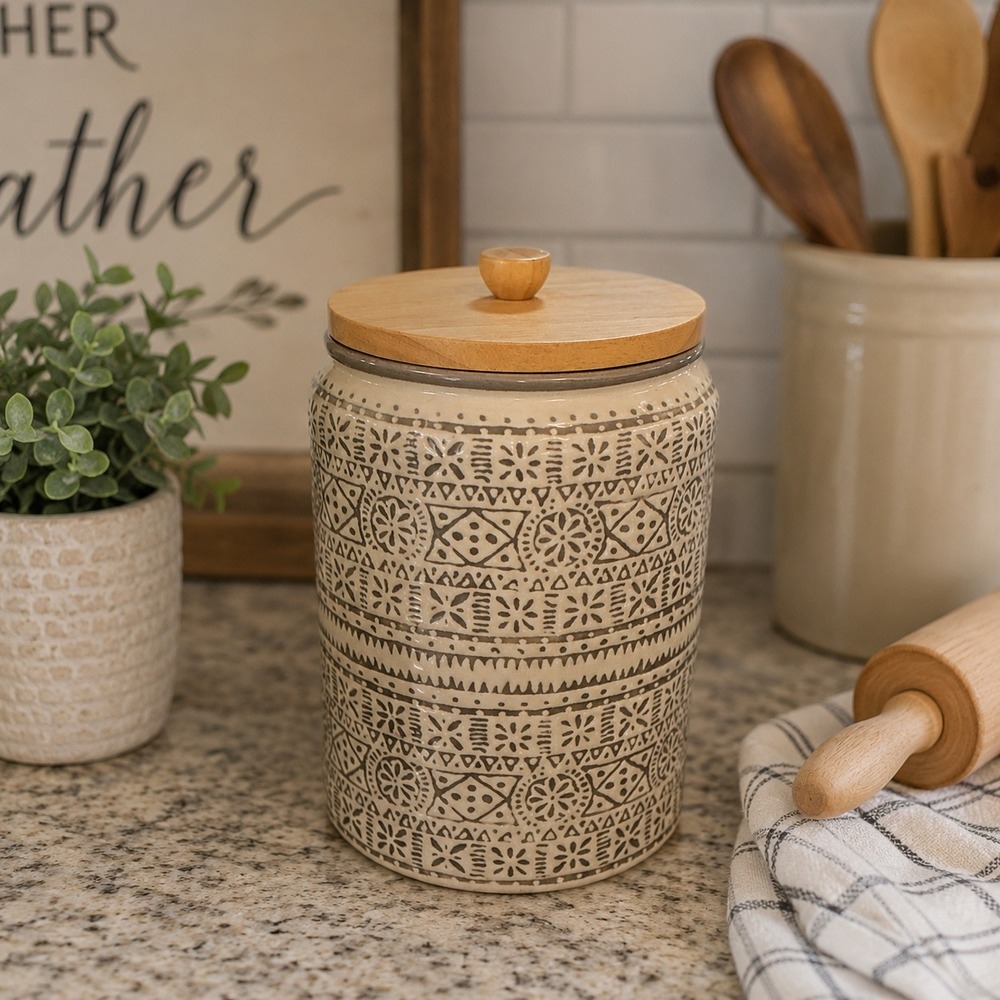 Threshold Stoneware Canister Cream Grey Geometric Pattern Wood Lid 9in Kitchen